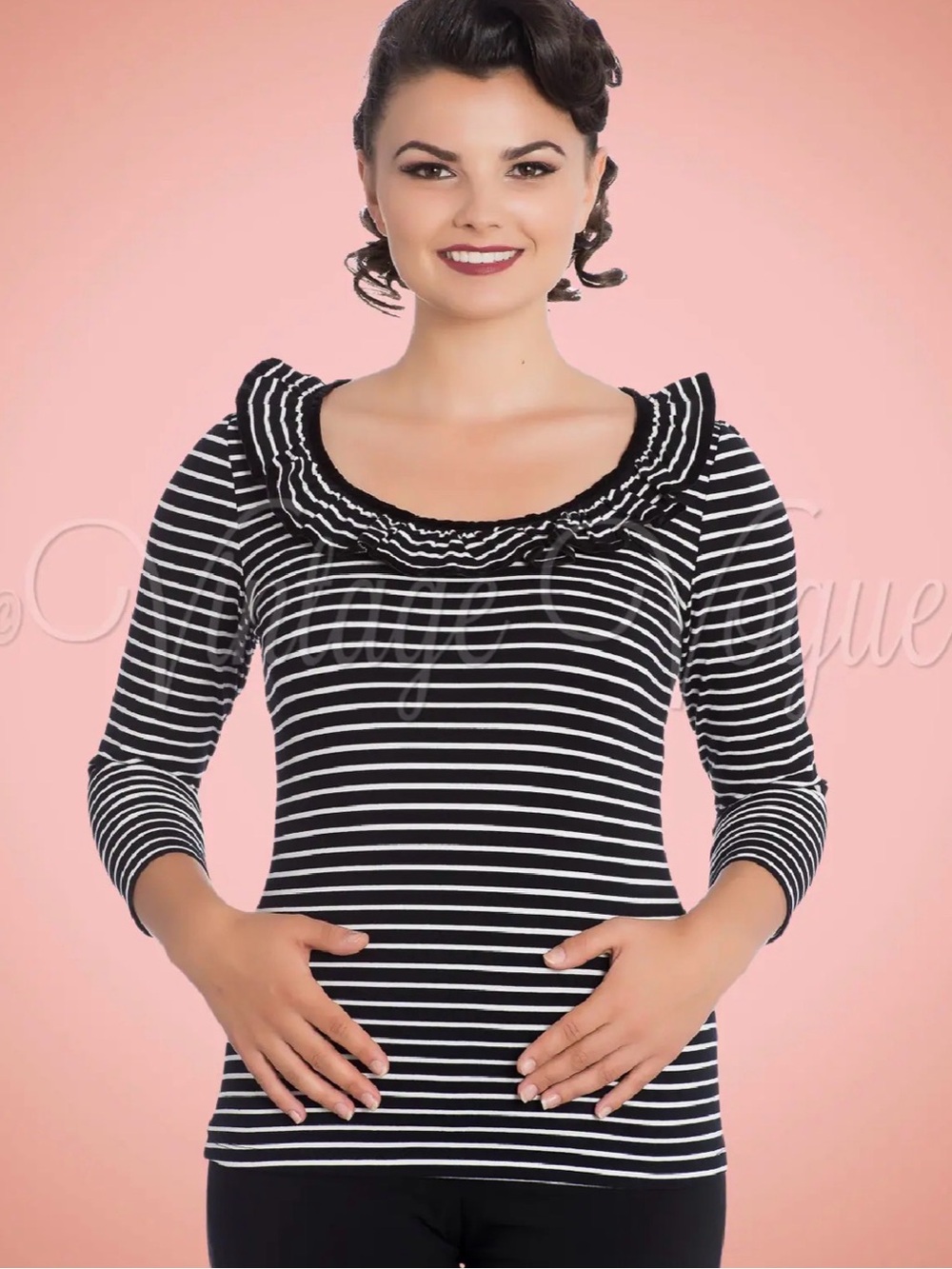 Hell Bunny Zsa Zsa Retro Black & White Striped Ruffle Neck 3/4 Sleeve Top sz L